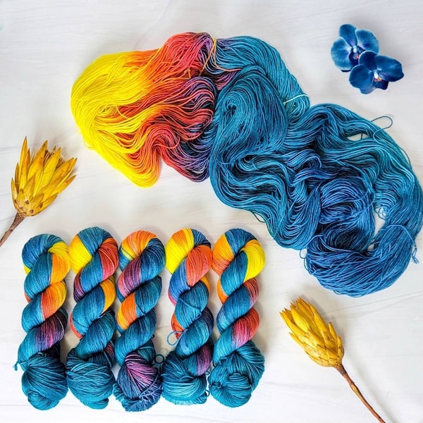 Blue Blooms-  Hand dyed assigned pooling variegated yarn - perfect for socks - teal blue yellow orange burgundy red
