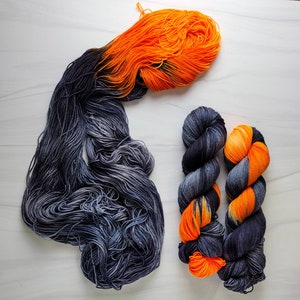 Jack O Lantern- Hand Dyed Assigned color pooling Yarn - lace fingering worsted dk bulky - glows in black light - black florescent orange