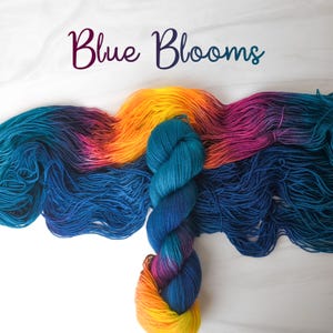 Blue Blooms-  Hand dyed assigned pooling variegated yarn - perfect for socks - teal blue yellow orange burgundy red