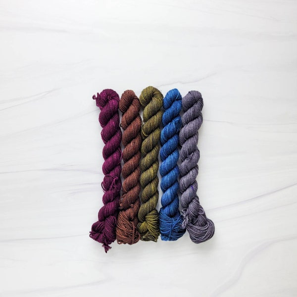 Moria Tonals- mini yarn set of 5  Hand Dyed Yarn - 20g each 400 yards total - dark red brown green blue grey SW Merino Nylon high twist