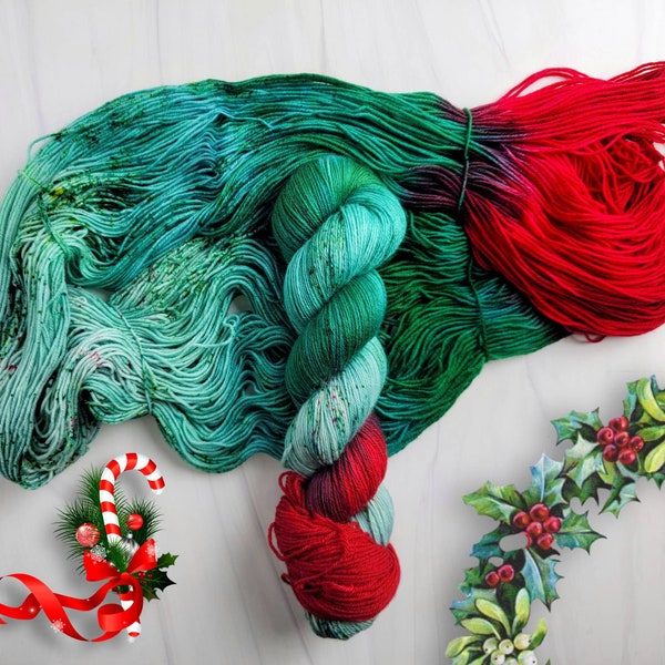 Hand Dyed Yarn Variegated  - Wreath -  fingering to worsted weight choose your base- green with speckles and red assigned pooling Christmas