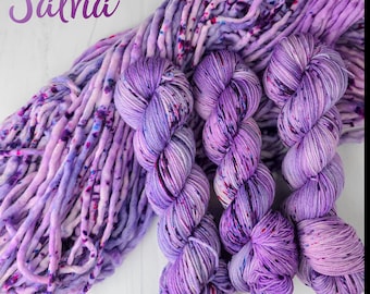 Salvia - Hand Dyed speckled Variegated Yarn - fingering worsted dk or bulky yarn- pastel purple Violet lilac lavender speckles with pink