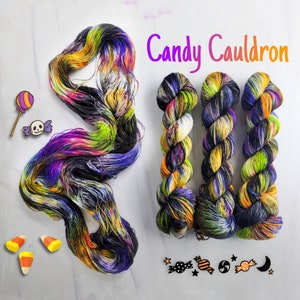 Candy Cauldron - Hand Dyed Variegated Yarn - lace fingering worsted dk bulky - black violet pink lime orange spackled Halloween colors