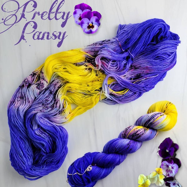 Pretty Pansy- Hand Dyed Speckled Assigned Pooling Variegated Yarn - lace fingering worsted dk or bulky yarn- speckled purple yellow lilac
