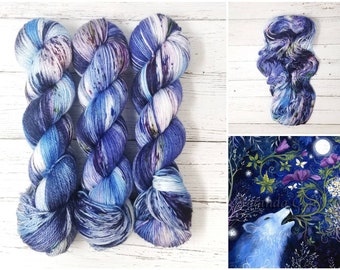 Wolf Song- Hand Dyed Deconstructed Variegated Yarn - lace fingering worsted dk or bulky yarn- speckled splashed dark blue purple moss green