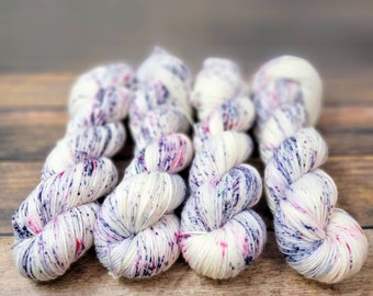 Verbena - choose your base- fingering sock dk sport worsted bulky- SW Merino - white yarn with purple pink Violet lilac speckles