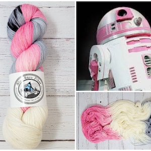 Pink Droid - choose your base- fingering sock dk sport worsted bulky- SW Merino- Star Wars Inspired yarn- silver grey black white Variegated