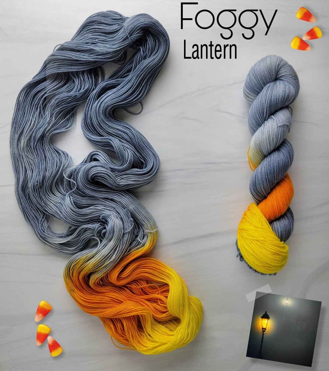 Foggy Lantern- Hand Dyed Assigned color pooling Yarn - lace fingering worsted dk bulky - grey with a pop of orange yellow Halloween colors