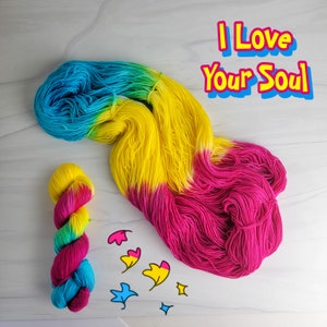 I Love Your Soul- pansexual Flag - Hand Dyed Variegated Yarn - lace fingering sport dk worsted bulky - choose your base - pink blue yellow