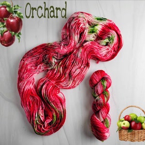 Orchard - Hand Dyed speckled Yarn - lace fingering worsted dk or bulky yarn- red with green xmas colors white red moss speckles