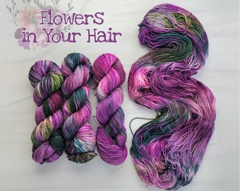 Flowers in Your Hair - choose your base- fingering sock dk worsted bulky- SW Merino -  pink purple teal moss green with speckles