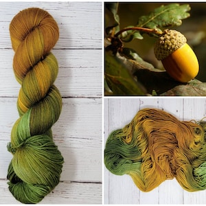Bellota - Hilo teñido a mano, desde encaje fino hasta lana gruesa y voluminosa. Elija su base: marrón dorado caramelo o verde musgo.