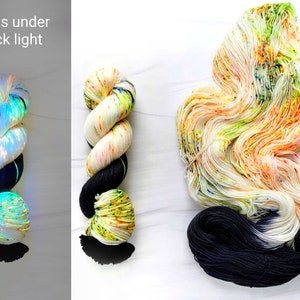 Neon Halloween- Hand Dyed Assigned color pooling Yarn - lace fingering worsted dk bulky - glows in black light - black green orange purple