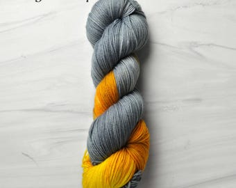 RTS Ready to Ship SS16 Squishy sock base -exact skein shown - 100g 437 yards ultra fine SW Merino Nylon 85 15 gray yellow orange assigned