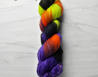 RTS Ready to Ship SS31 Squishy sock base -exact skein shown - 100g 437 yards ultra fine SW Merino Nylon 85 15  black orange green purple