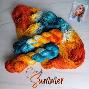 Cruel Summer - Hand Dyed Variegated Yarn - fingering to worsted weight choose your base teal white golden orange red orange Palindrome