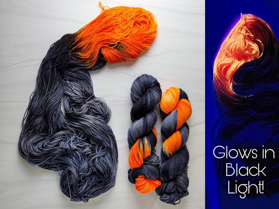 Jack O Lantern- Hand Dyed Assigned color pooling Yarn - lace fingering worsted dk bulky - glows in black light - black florescent orange