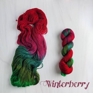 Hand Dyed Variegated Yarn- Winterberry -  fingering to worsted weight choose your base- green red burgundy Christmas colors