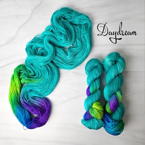 Daydream-  Hand dyed assigned pooling variegated yarn - perfect for socks - aqua turquoise with a pop of green blue purple