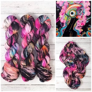 Space Rider - Hand Dyed Deconstructed Variegated Yarn - lace fingering dk worsted or bulky yarn- pink black rainbow splashed fuchsia