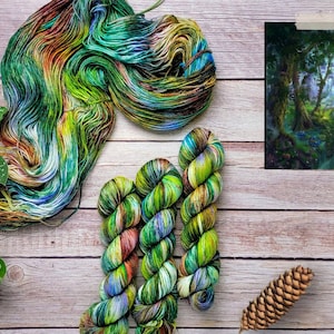 Light in the Forest- Hand Dyed Yarn - lace fingering dk worsted bulky - weight choose your base - green rainbow speckled variegated