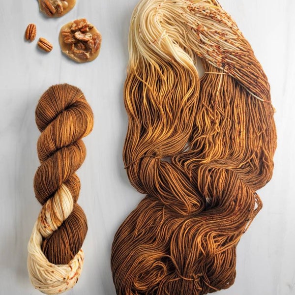 Praline - Hand Dyed Variegated assigned color pooling Yarn - fingering to worsted weight choose your base rich warm brown with cream