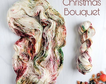 Hand Dyed Yarn Speckled - Christmas Bouquet -  fingering to worsted weight choose your base- white with red green brown speckles