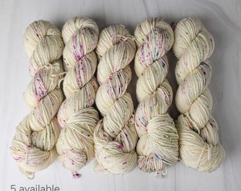 RTS Ready to Ship - SDK8 snuggle DK SW Merino Nylon - exact skein shown - 100g 246 yards - white with purple pink green speckles