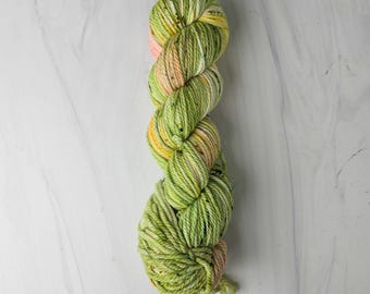 RTS Ready to Ship - Aran Base -exact skein shown - 100g 181 yards fine SW Merino - Aran 1 - green yellow peach speckles