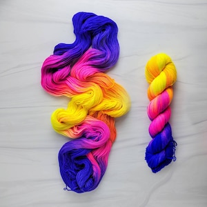 Neon Sunset- Hand Dyed palindrome Variegated Yarn -  fingering worsted dk or bulky yarn- dyed to order florescent fuchsia pink yellow purple