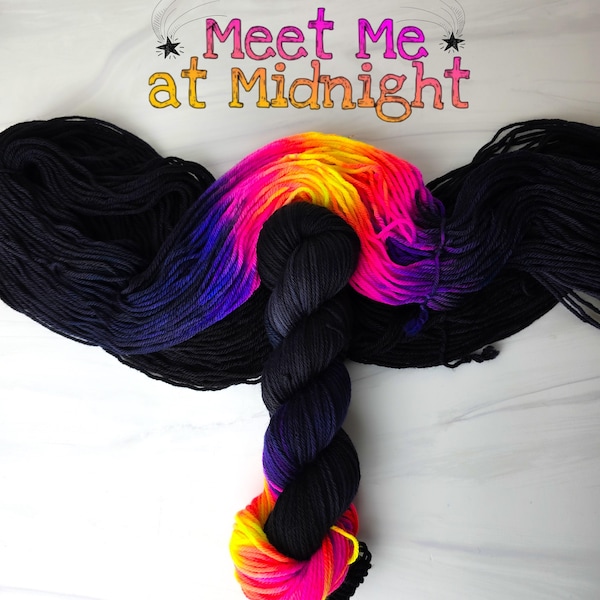 Meet Me at Midnight - Hand Dyed Variegated Yarn - fingering to worsted choose your base - black with a pop of purple Neon pink and yellow