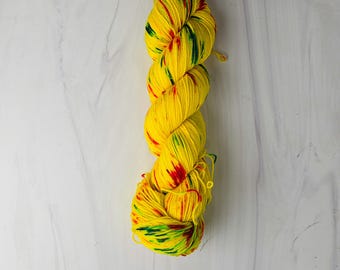 RTS Ready to Ship - iNT8  yarn base -exact skein shown - 100g 438 yards ultra fine SW Merino cashmere nylon - yellow with red and green pops