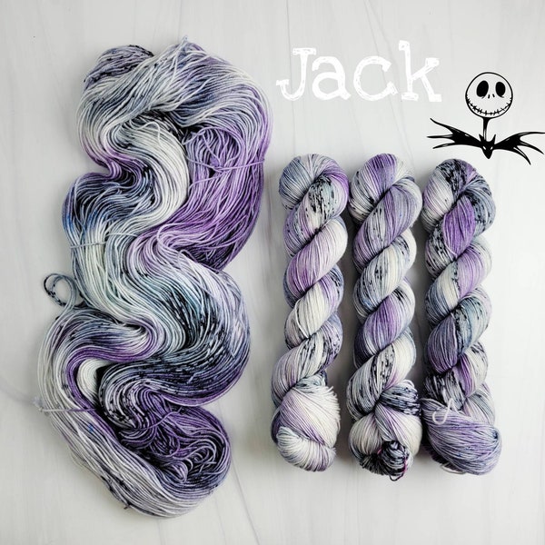 Jack - Hand Dyed Variegated HalloweenYarn - lace fingering worsted dk bulky - purple grey white with black spatter nightmare before xmas