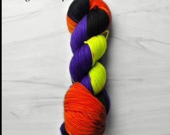 RTS Ready to Ship SS30 Squishy sock base -exact skein shown - 100g 437 yards ultra fine SW Merino Nylon 85 15  black orange green purple