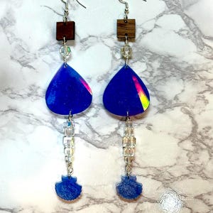Blue Teardrop Dangle Earrings: Iridescent Resin Seashell, Sterling Silver