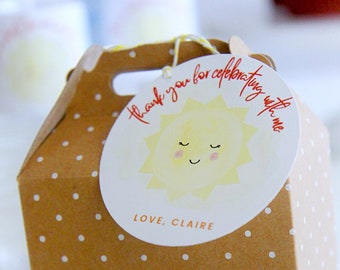 First Trip Around the Sun favor tags - Sunshine birthday party - Smiling sun and clouds - Thank you cards - Customizable