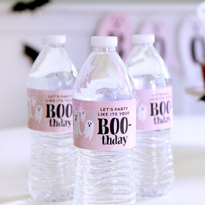 Ghost BOO-thday water bottle labels - Pink Halloween Holographic stars - BOO is two - Costume party decor - Girlie Halloween - Customizable