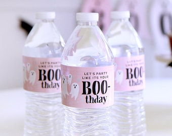 Ghost BOO-thday water bottle labels - Pink Halloween Holographic stars - BOO is two - Costume party decor - Girlie Halloween - Customizable