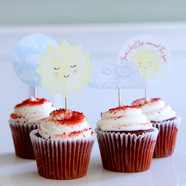 Toppers de cupcake First Trip Around the Sun - Sol y nubes sonrientes - Decoración de fiesta sunshine - Personalizable - Imprimible