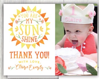 Printable You are my Sunshine birthday photo thank you card - First birthday thank you message - Bridal Baby shower notecard - Customizable