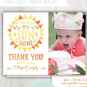 Printable You are my Sunshine birthday photo thank you card First birthday thank you message Bridal Baby shower notecard Customizable image 1