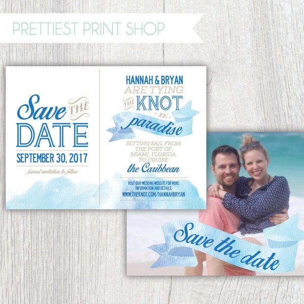 Printable destination wedding save the date with photo back - Watercolor - Cruise Beach wedding - Tying the knot in paradise - Customizable