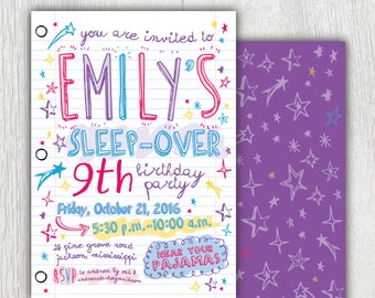 Printable sleepover invitation - Notebook paper - Doodles invitation - Girls slumber party - 9th birthday - Preteen birthday - Girl birthday