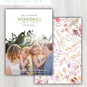 Printable Christmas card with photo - Boho winter florals - Wonders of His Love - Watercolor wildflowers - Photo holiday card - Customizable