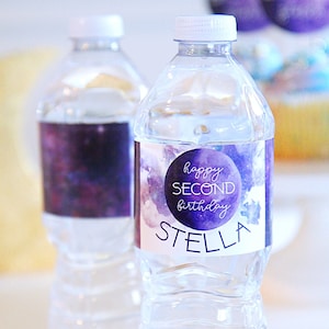 Galaxy water bottle labels - Two the Moon birthday party - Galaxy party decor - Moon stars constellations Outer Space party - Galactic