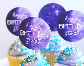 Galaxy birthday cupcake toppers - Decoración de fiesta Two the Moon - Constelaciones de estrellas en el espacio exterior - Segundo cumpleaños - Personalizable - Imprimible