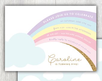 Printable Rainbow birthday invitation - Pastel rainbow - Clouds - Gold glitter - Rainbow party - Rainbow Baby shower - Customizable