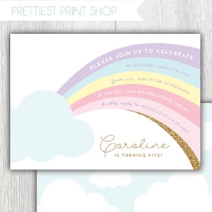 Printable Rainbow birthday invitation Pastel rainbow Clouds Gold glitter Rainbow party Rainbow Baby shower Customizable image 1