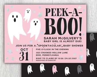 Printable pink halloween shower invitation - Ghost - Peek-a-BOO - Holographic stars - Halloween party - Fall baby shower - Customizable