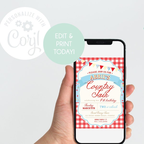 EDITABLE TEMPLATE - Country Fair invitation - Red Gingham Floral - Farmers Market - Picnic - Birthday party - Shower - Engagement party